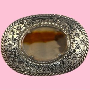 Ornate Floral Silver-Tone Belt Buckle with Brown Agate Center